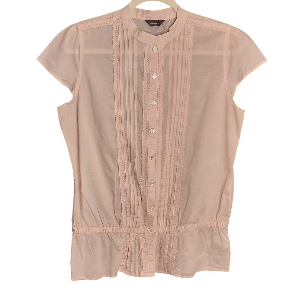 Denver Hayes Blouse Women L Pink Cap Sleeve Pintuck Lace Trim Cottagecore NWOT